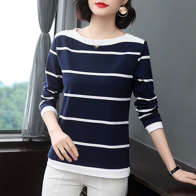 

Striped Long-sleeved Loose T-shirt Bottoming (Color:Blue Size:M)