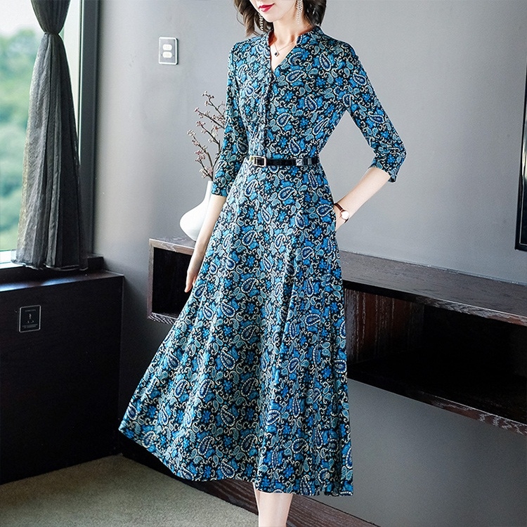 

V-neck Cropped Sleeves Vintage Print Knit Dress (Color:Blue Size:M)