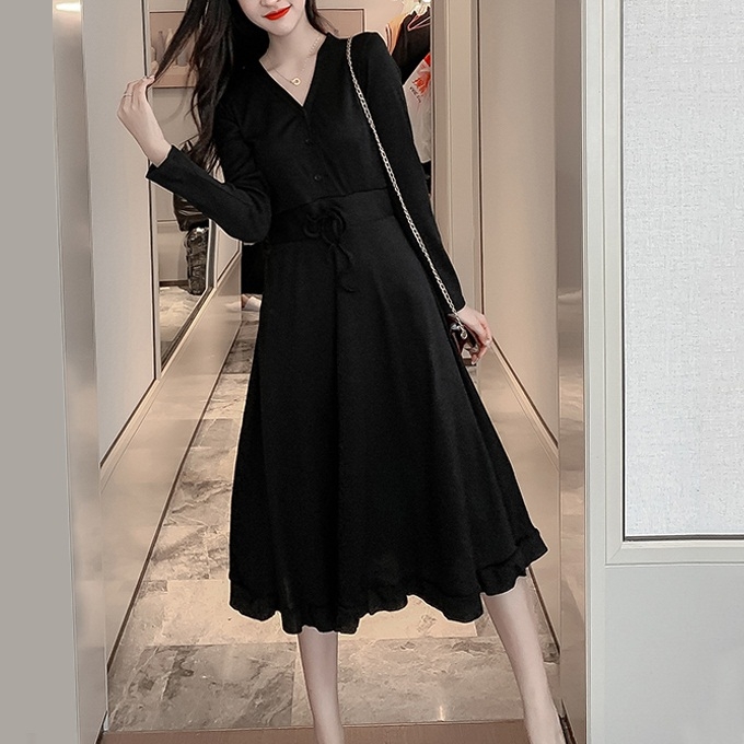 

Waist Slim Campanulaceae Knit Dress (Color:Black Size:S)