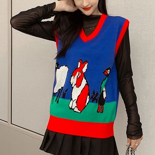 

V-neck Sleeveless Pullover Vest Sweater (Color:Blue Size:One Size)