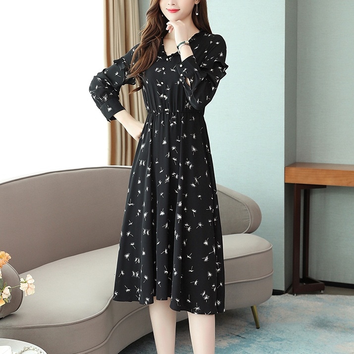 

High Waist Floral Slim Dress (Color:Black Size:M)