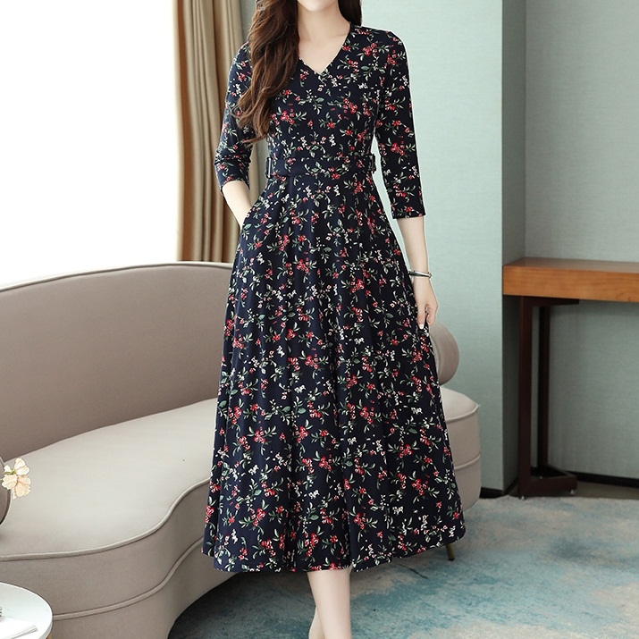 

Long Sleeve Floral Over-the-knee Dress (Color:Blue Size:M)