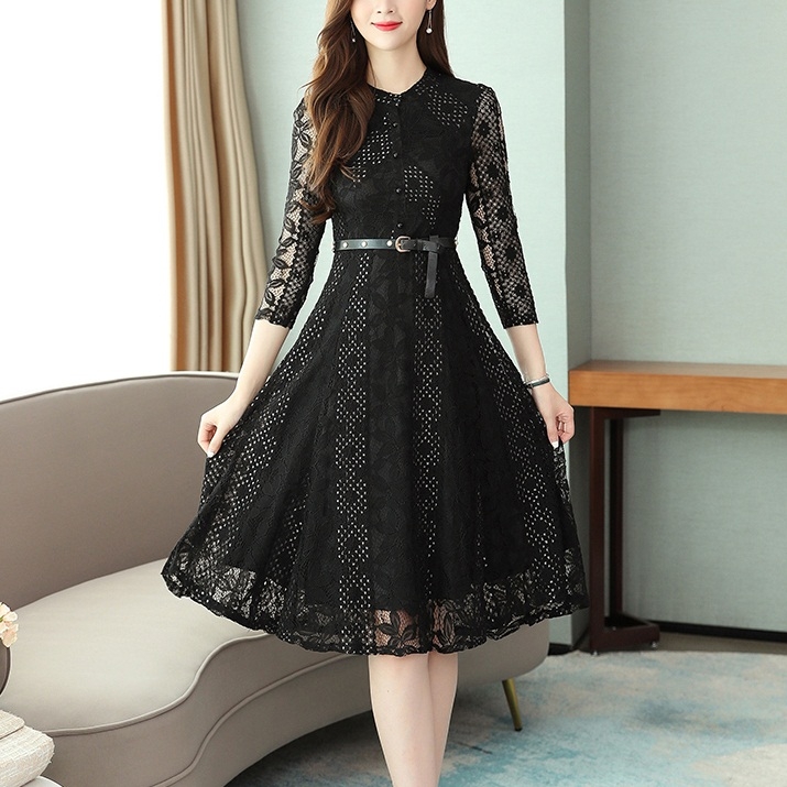

Thin Style Mid-length Long Waist Over Knee Lace Dress (Color:Black Size:M)