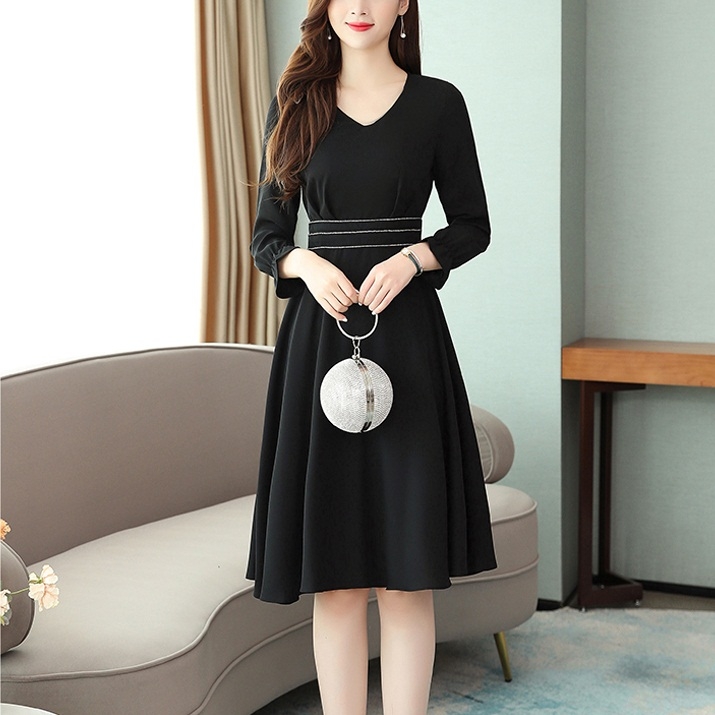 

Waist Slim Temperament Long-sleeved Dress (Color:Black Size:M)