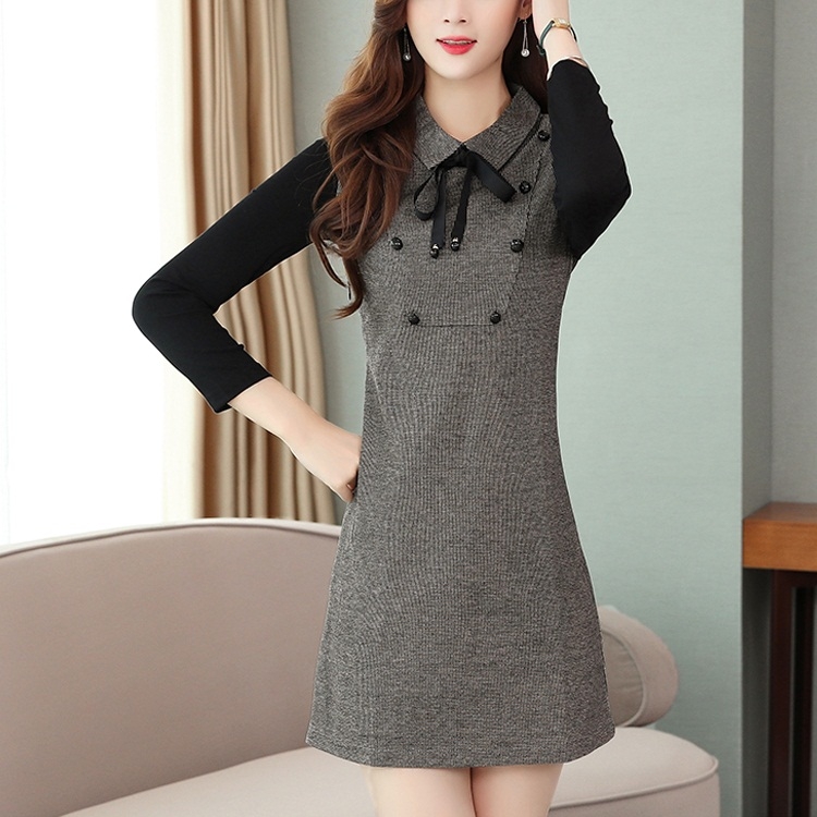 

Long-sleeved Waist Slim Temperament Bottoming Dress (Color:Grey Size:2XL)