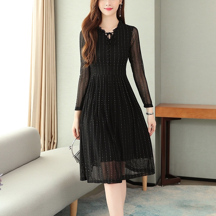 

Long-sleeved Lace Mesh Slim Dress (Color:Black Size:M)