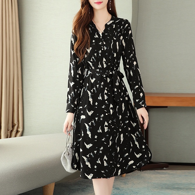 

Printed Long Sleeve Chiffon Dress (Color:Black Size:M)