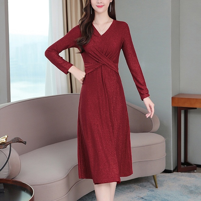 

Thin Style Temperament V-neck Dress (Color:Red Size:S)