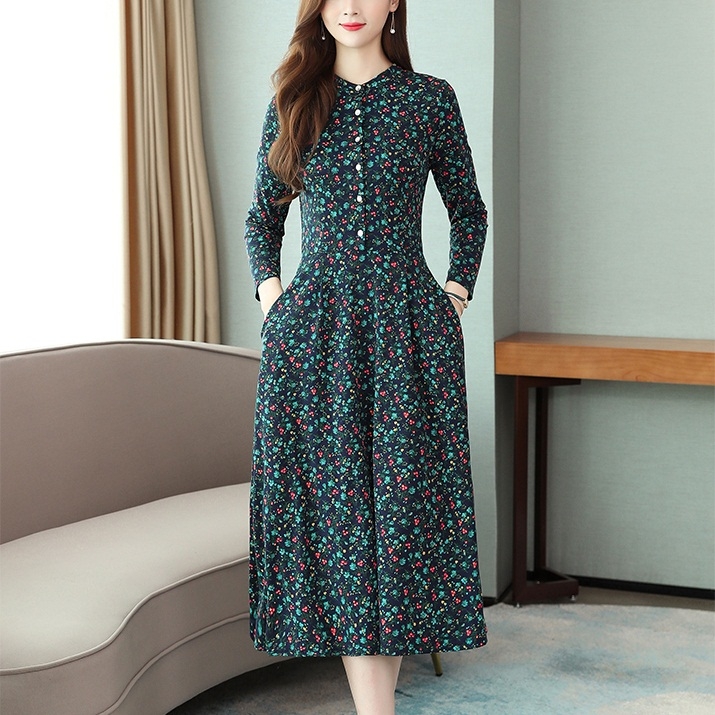 

Thin Style Long Sleeve Floral Dress (Color:Green Size:M)