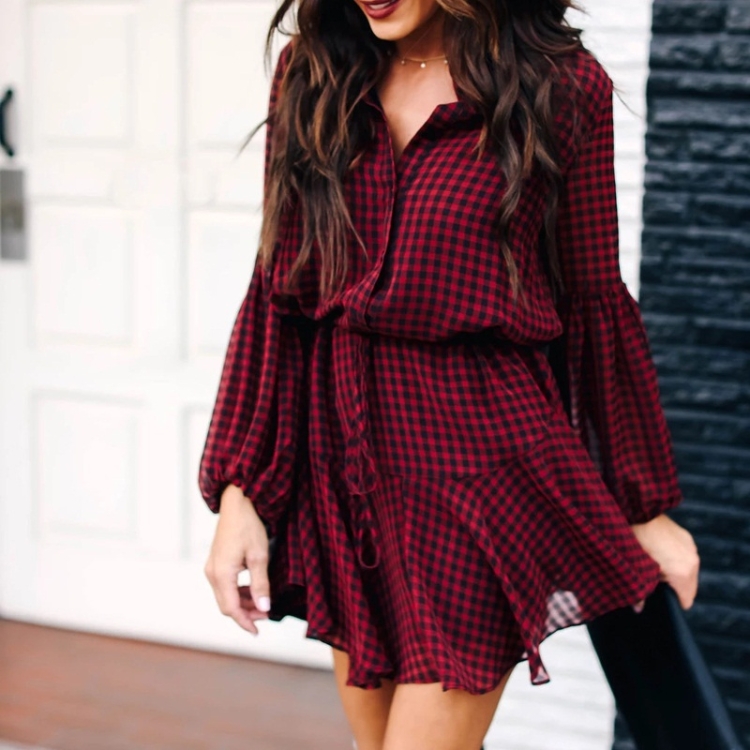 

Lantern Sleeves Flounced Hem Long-sleeved Dress (Color:Red Size:S)