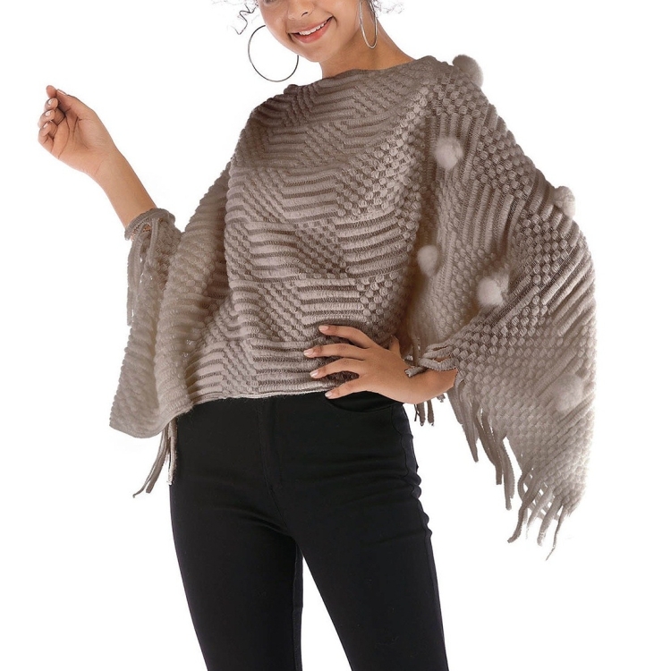 

Fur Ball Shawl Cloak Coat (Color:Khaki Size:One Size)