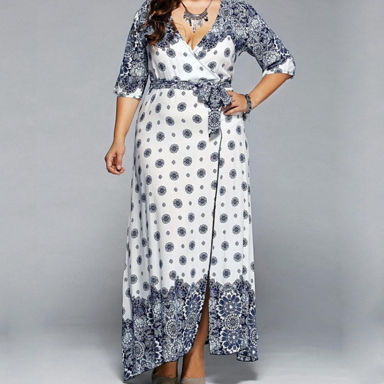 

Printed V-neck Lace Big Swing Dress (Color:White Size:XL)