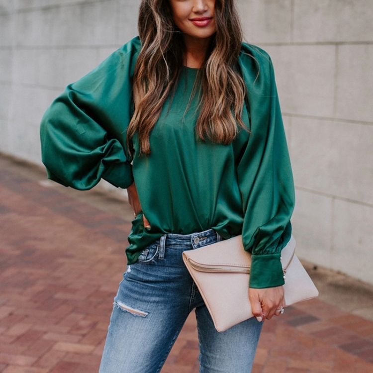 

Satin Bubble Long Sleeve Solid Color Pullover Shirt (Color:Green Size:S)
