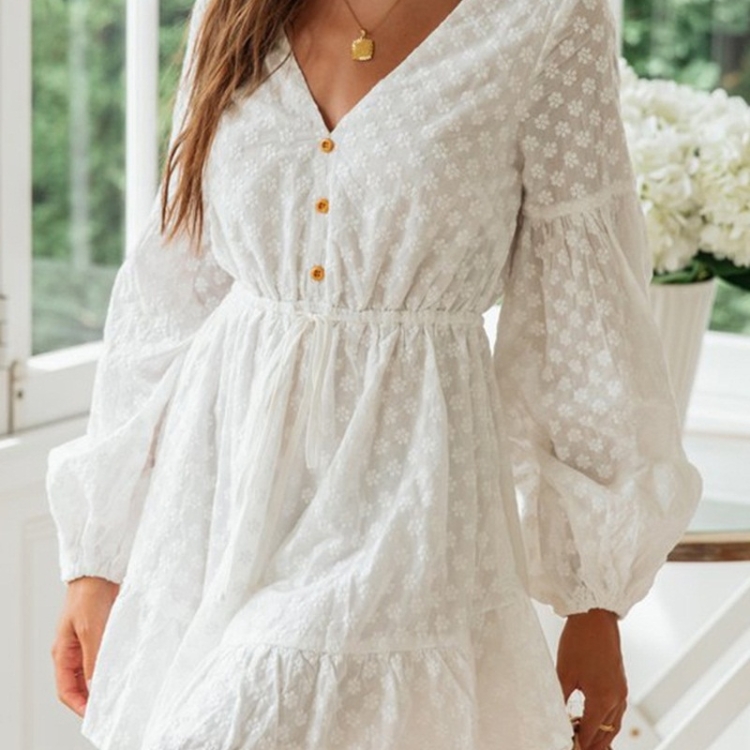 

Lantern Sleeve Embroidery Embroidered V-neck Dress (Color:White Size:M)