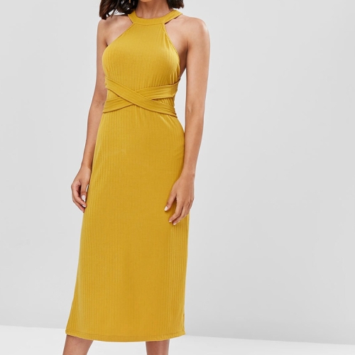 

Slim Open Back Halter Knit Dress (Color:Yellow Size:M)