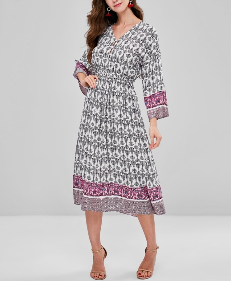 

Printed Long-sleeved Dress (Color:Grey Size:L)