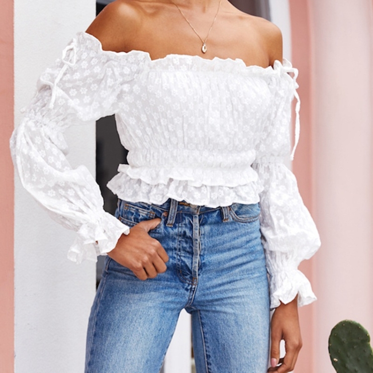 

Embroidery One Shoulder Long-sleeved Shirt (Color:White Size:S)