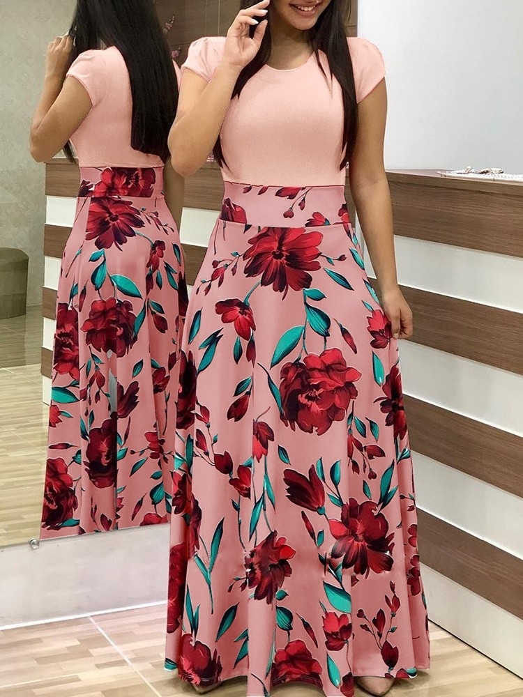 

Short Sleeve Printed Round Neck Slim Dress (Color:Pink Size:S)