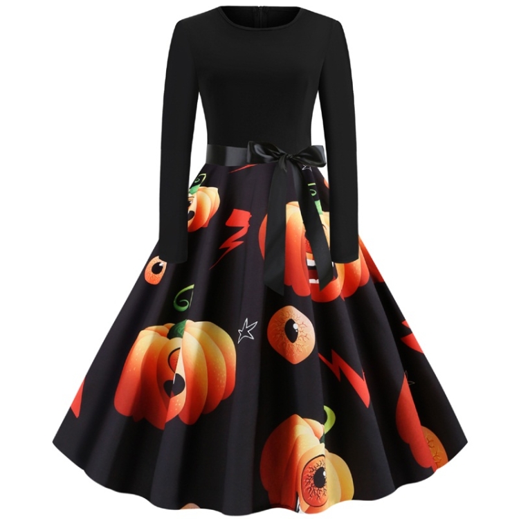 

Halloween Long-sleeved Printed Large Swing Dress (Color:Black Size:S)