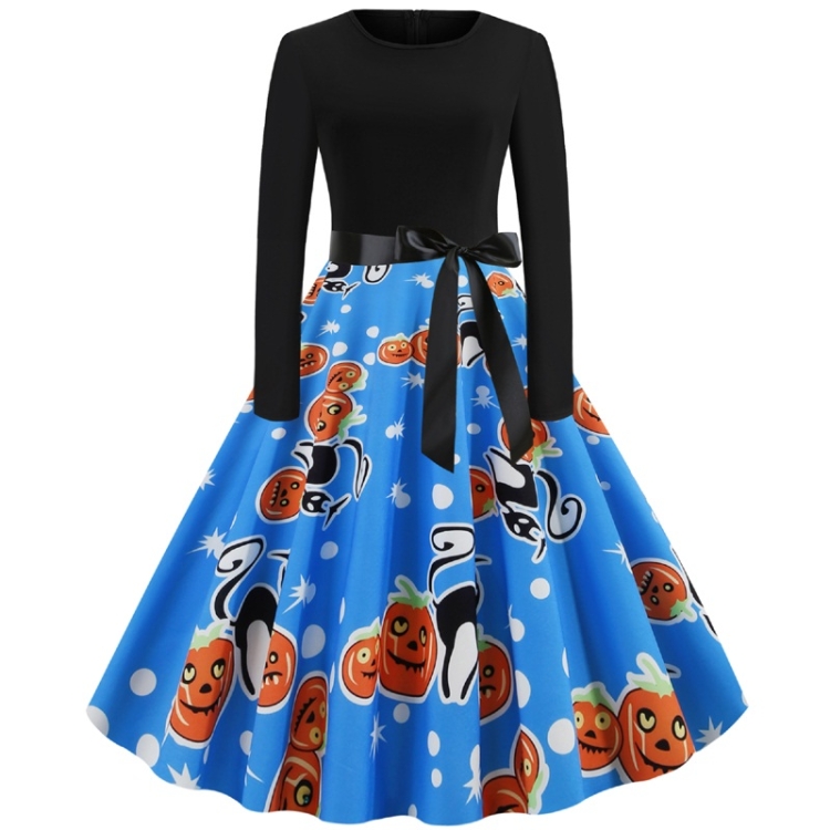 

Halloween Printed Long-sleeved Large Swing Dress (Color:Blue Size:S)