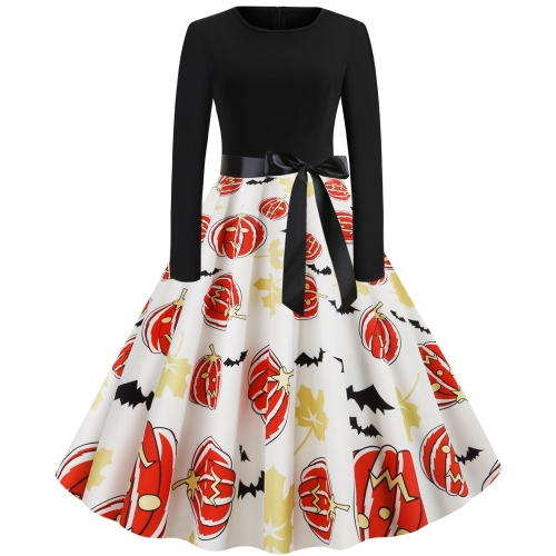 

Halloween Print Long Sleeve Large Swing Dress (Color:Red Size:S)