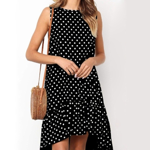 

Printed Wave Point Ruffled Dress (Color:Black Size:S)