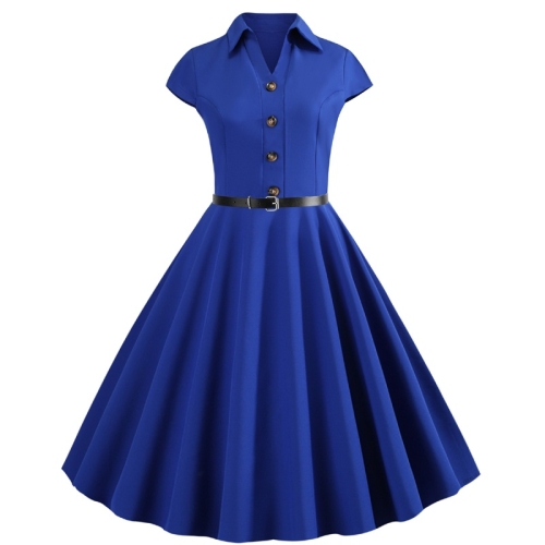 

Solid Color Slim Thin Short-sleeved Big Swing Dress (Color:Blue Size:S)