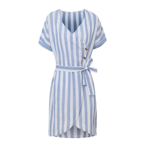 

V-neck Short-sleeved Striped Cardigan Lace-up Dress (Color:Blue Size:S)