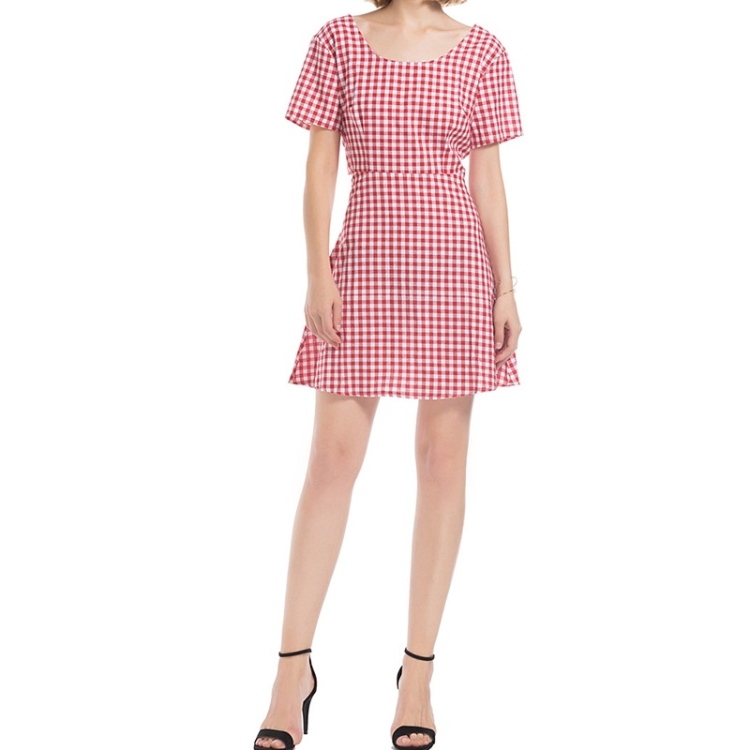 

Plaid Open Back Dress (Color:Red Size:S)