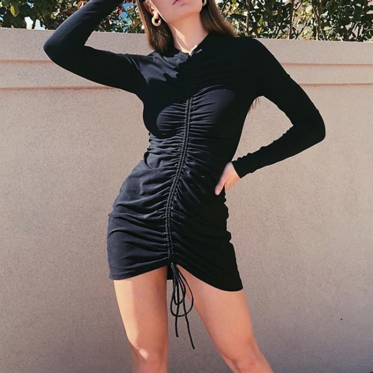 

Long-sleeved Solid Color Slim Dress (Color:Black Size:S)