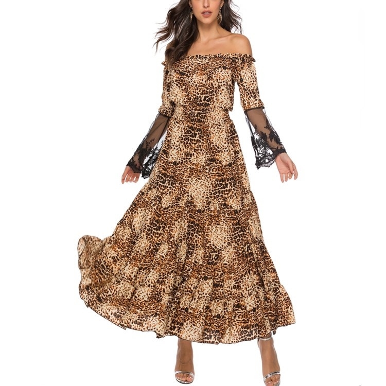 

One-shoulder Lace Sleeves Animal Print Large Swing Dress Beach Skirt (Color:Brown Size:S)