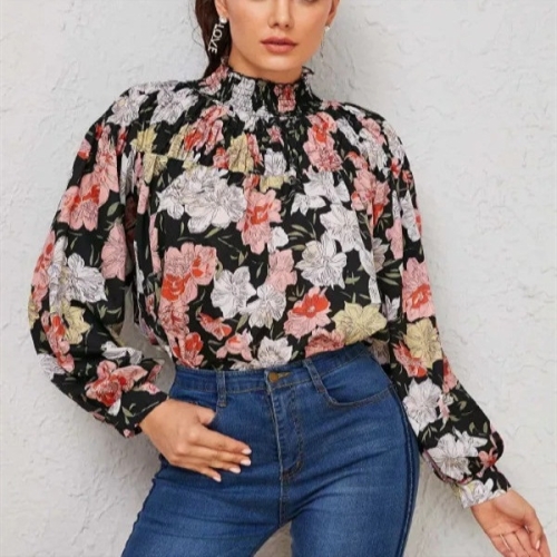 

Autumn and Winter Women Printed Shirt (Color:Black Size:L)