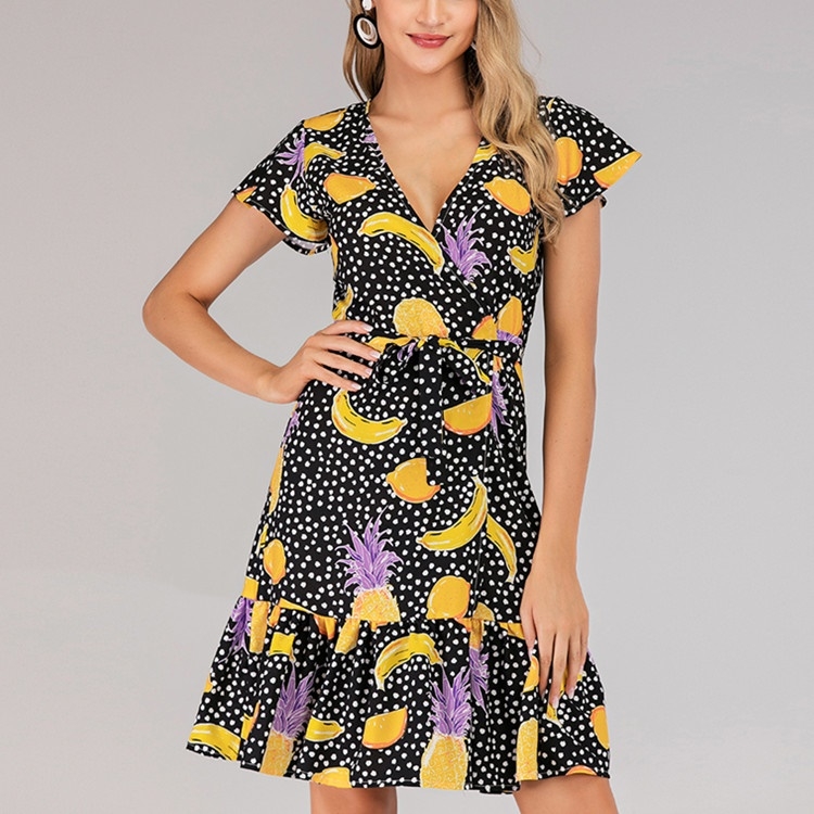 

V-neck Lace-up Short-sleeved Printed Dress Beach Skirt (Color:As Show Size:M)