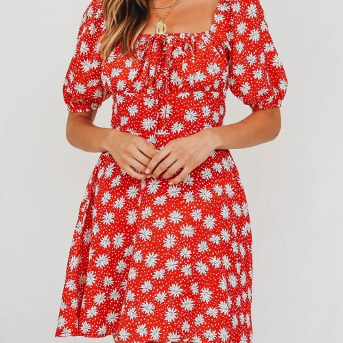 

Printed Short-sleeved Lace Dress (Color:Red Size:S)