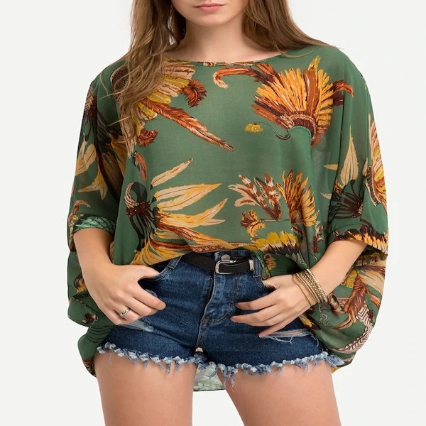 

Bat Sleeve Printed Leisure Chiffon Shirt (Green)