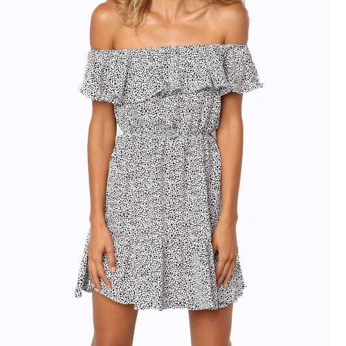 

Wavelet Point Short-sleeved Word Shoulder Print Dress (Color:Black White Size:S)