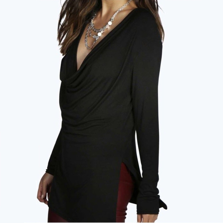 

Long Sleeve Top Side Split Fashion Women T-Shirt (Color:Black Size:S)