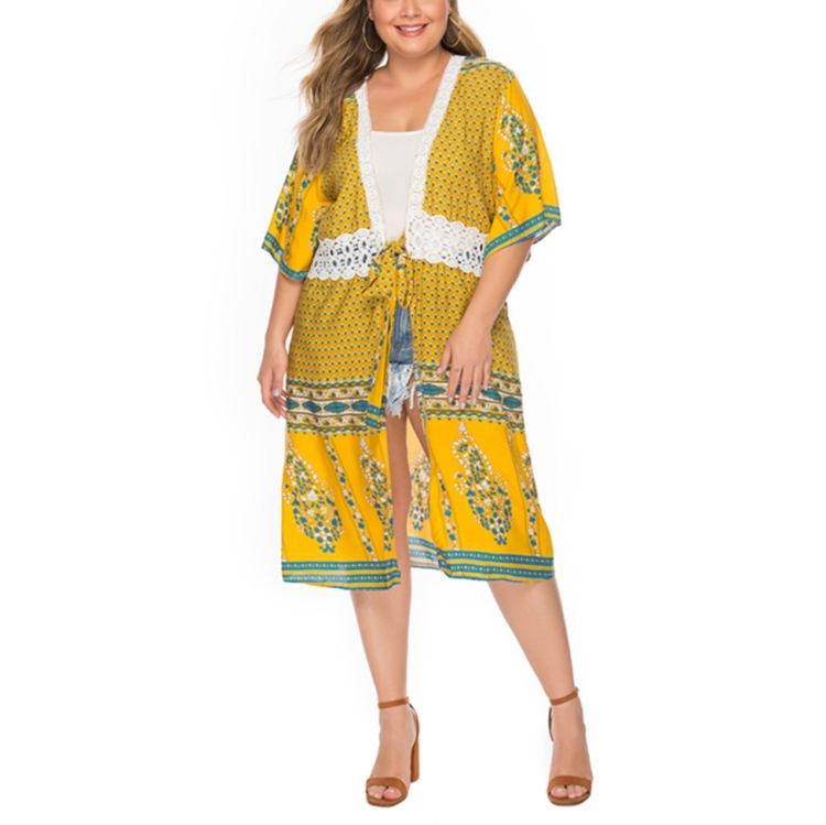 

Holiday Sun Protection Clothing Lace Stitching Flower Top (Color:Yellow Size:XXXL)
