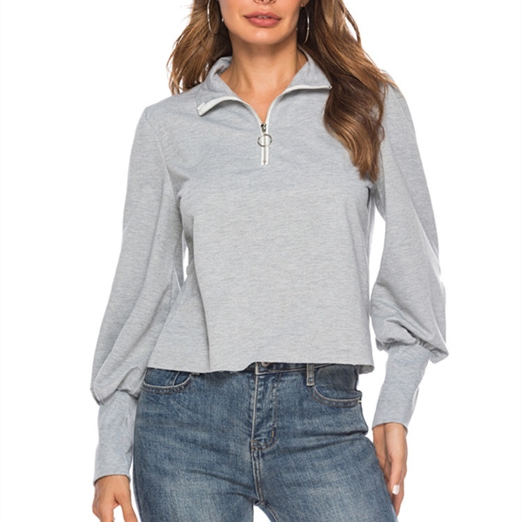 

Zip-neck Lantern Sleeve Long Sleeve Top Sweatshirt (Color:Grey Size:XL)