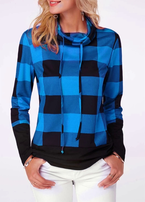 

Casual Fashion Female Lattice Long Sleeve T-shirt (Color:Blue Size:L)