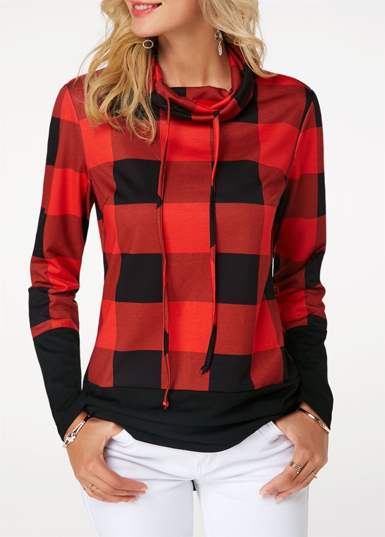 

Casual Fashion Female Lattice Long Sleeve T-shirt (Color:Red Size:S)