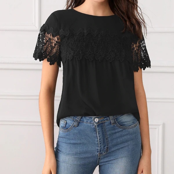 

Lace Splicing Unlined Upper Garment Chiffon T-shirt (Color:Black Size:S)