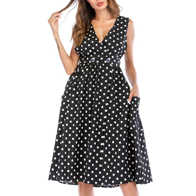 

Deep V-neck Wave Pocket Button Studded Sleeveless Women Dress (Color:Black Size:M)