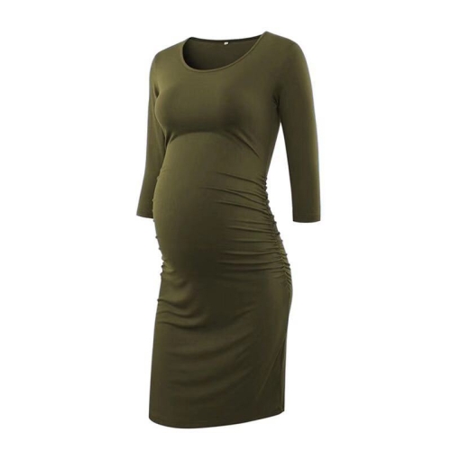 

Solid Long-sleeved Round Neck Maternity Dress (Color:Army Green Size:S)