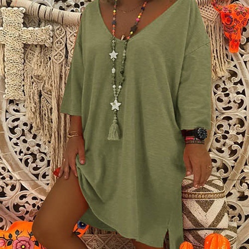 

Women Long Sleeve Loose Solid Color Dress (Color:Army Green Size:L)