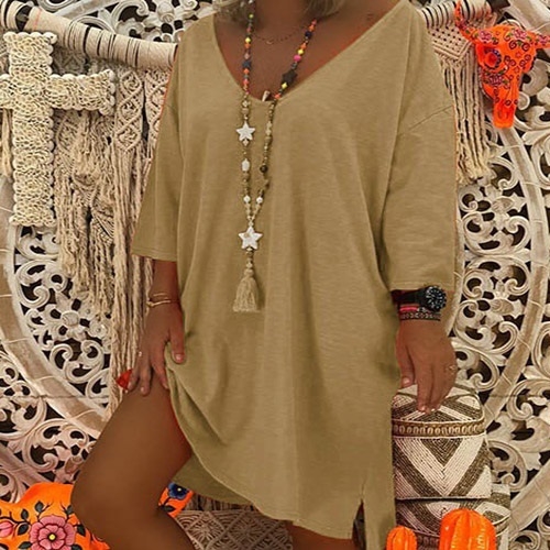 

Women Long Sleeve Loose Solid Color Dress (Color:Khaki Size:XL)