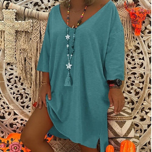 

Women Long Sleeve Loose Solid Color Dress (Color:Blue Size:5XL)