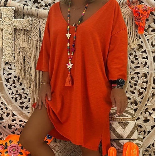 

Women Long Sleeve Loose Solid Color Dress (Color:Orange Size:L)