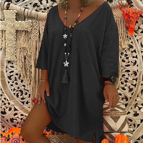 

Women Long Sleeve Loose Solid Color Dress (Color:Black Size:L)