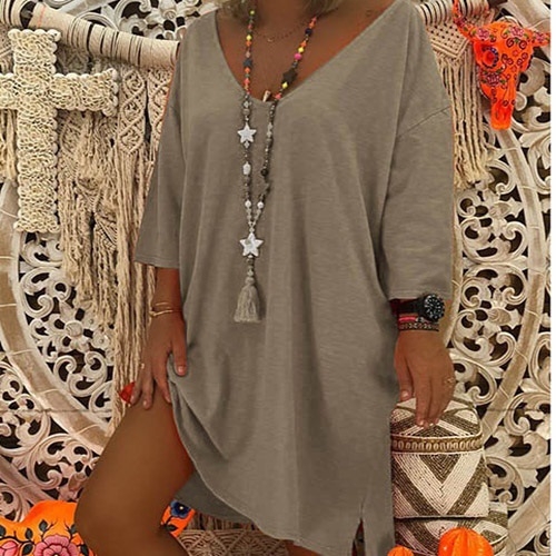 

Women Long Sleeve Loose Solid Color Dress (Color:Grey Size:XL)